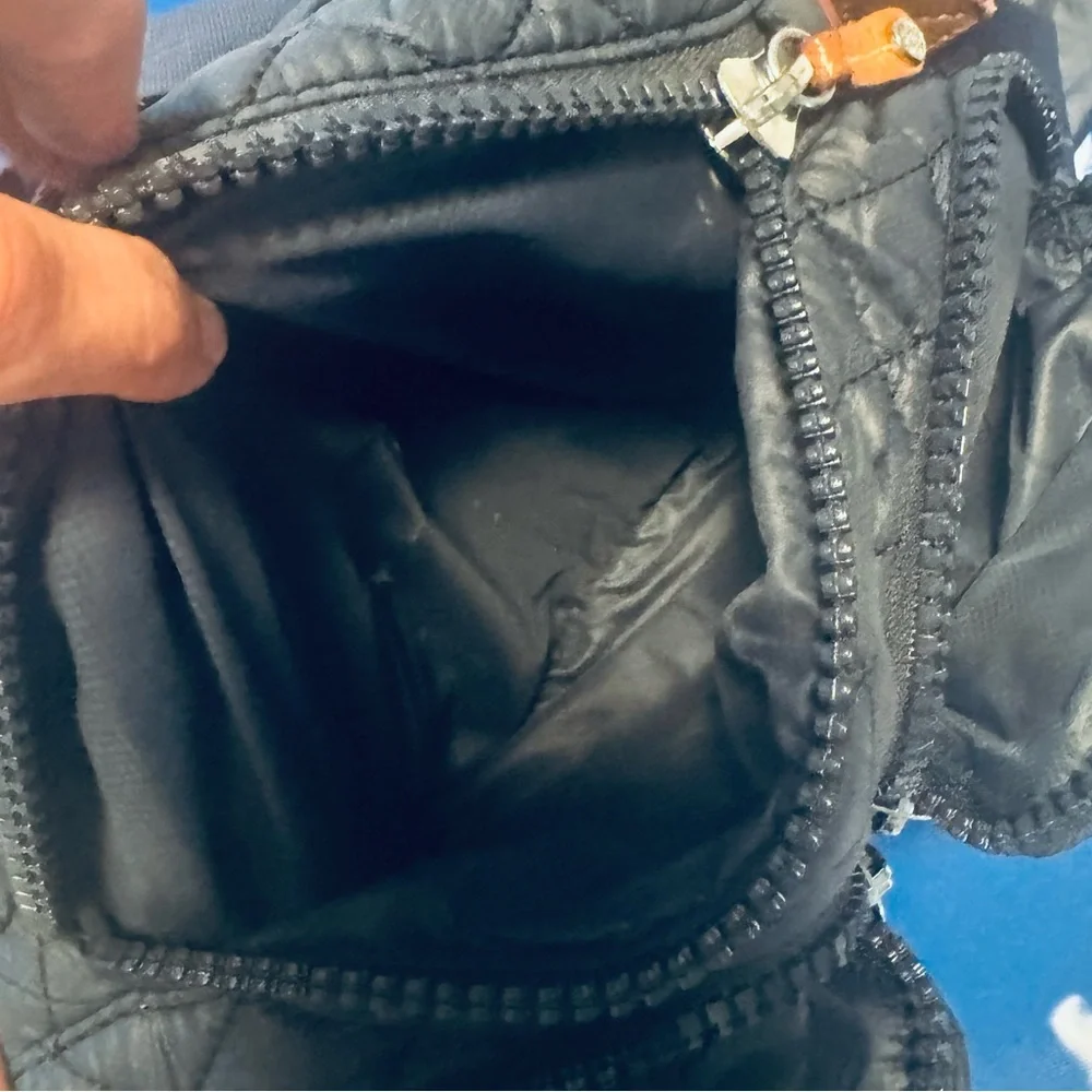 MZ Wallace Black Quilted Nylon Crossbody Bag with Brown Leather Accents